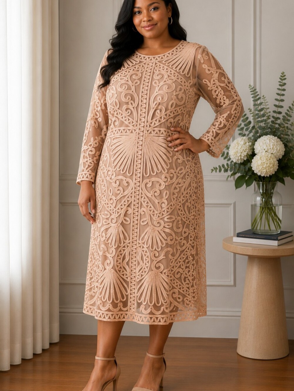 JS Collections Blush Embroidered Midi Dress with Sheer Sleeves